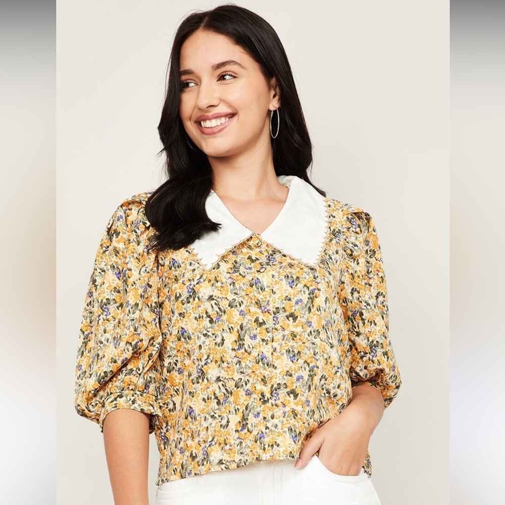 Ginger by Lifestyle multicolored floral puff‎ sleeve shirt crop top